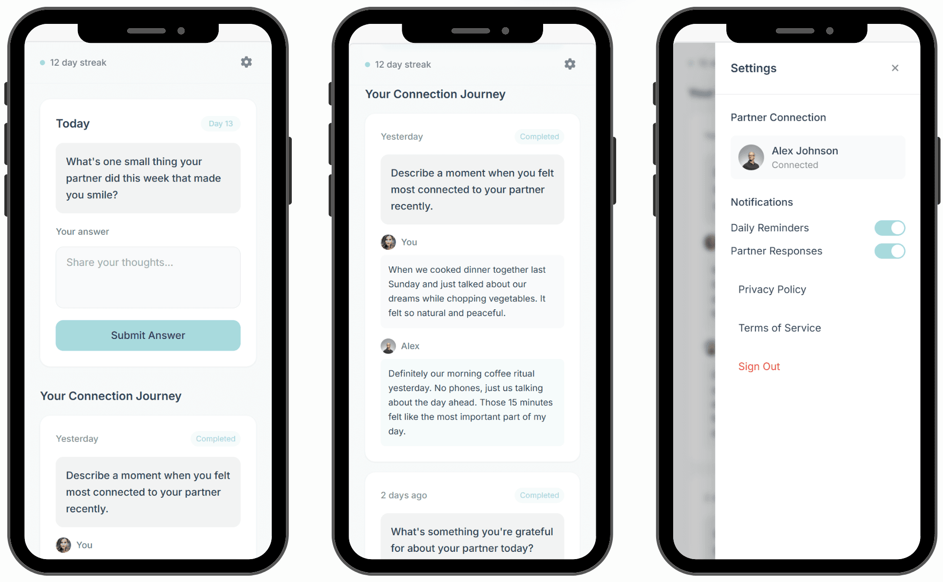 Reconnect app screens showing daily questions, connection journey, and settings
